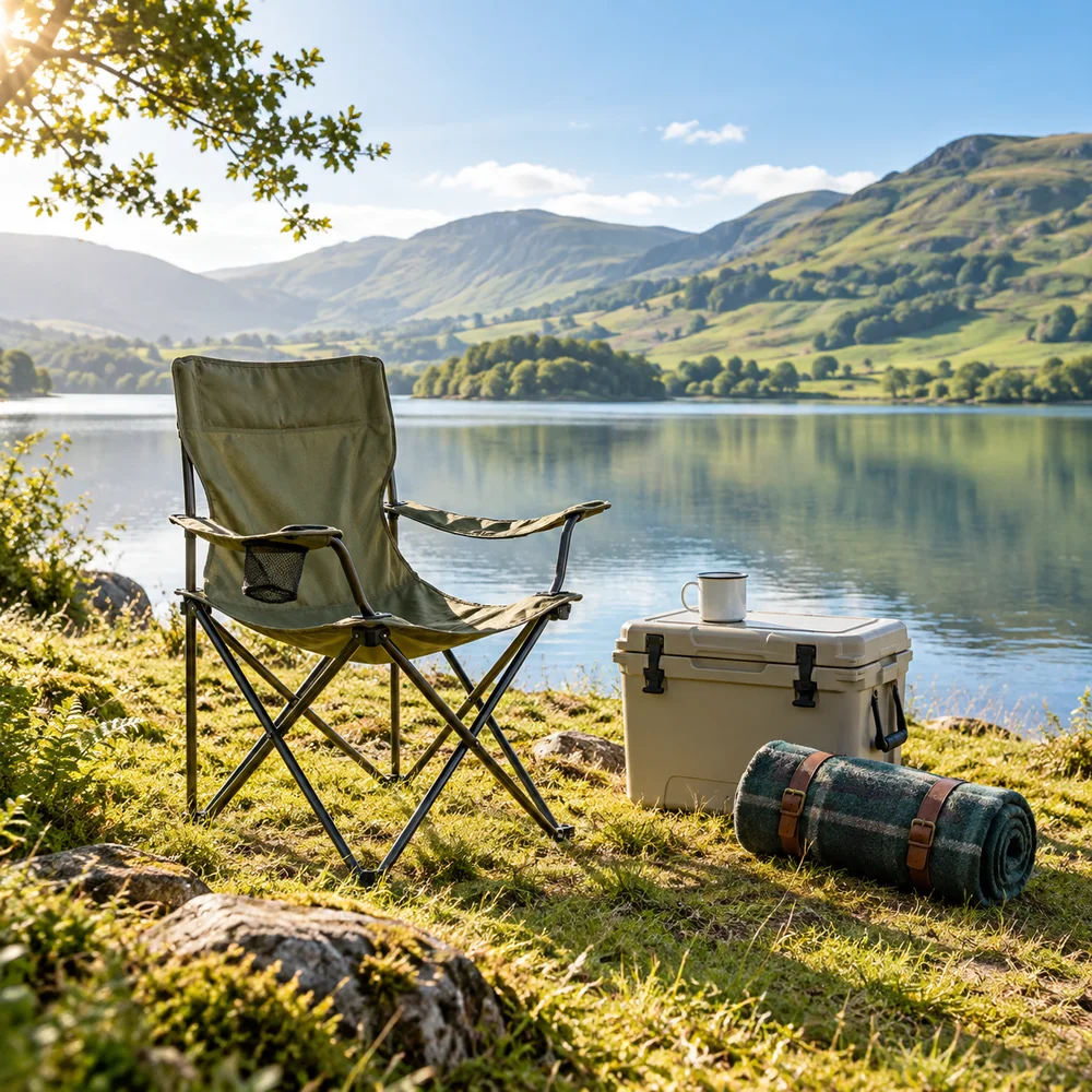 Camping essentials beside a lake